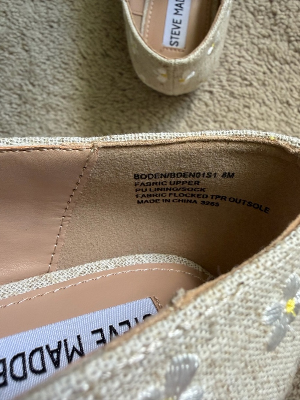 Steve Madden Women’s Boden Tan Linen Embroidered Daisy Mary Jane Flats Size 8 - Picture 5 of 6